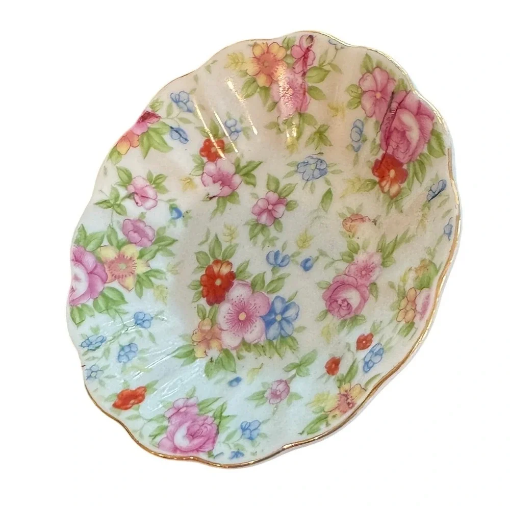 Vintage Merit China Occupied Japan Floral Chintz Scalloped Trinket Dish‎ Bowl